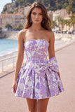 Strapless Purple A-Line Pearls Jacquard Short Ball Dress with Bow
