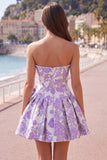 Strapless Purple A-Line Pearls Jacquard Short Ball Dress with Bow