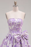 Strapless Purple A-Line Pearls Jacquard Short Ball Dress with Bow