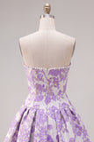 Strapless Purple A-Line Pearls Jacquard Short Ball Dress with Bow