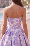 Strapless Purple A-Line Pearls Jacquard Short Ball Dress with Bow