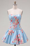 Satin A-Line Blue Sweetheart Floral Corset Short Ball Dress