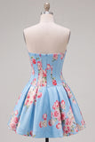 Satin A-Line Blue Sweetheart Floral Corset Short Ball Dress