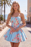 Satin A-Line Blue Sweetheart Floral Corset Short Ball Dress