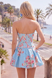 Satin A-Line Blue Sweetheart Floral Corset Short Ball Dress
