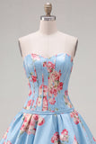 Satin A-Line Blue Sweetheart Floral Corset Short Ball Dress