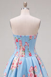 Satin A-Line Blue Sweetheart Floral Corset Short Ball Dress