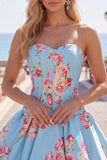 Satin A-Line Blue Sweetheart Floral Corset Short Ball Dress