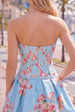 Satin A-Line Blue Sweetheart Floral Corset Short Ball Dress