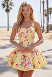 Satin A-Line Blue Sweetheart Floral Corset Short Ball Dress