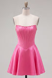 Sweetheart Fuchsia Pearls Corset A-Line Satin Short Ball Dress