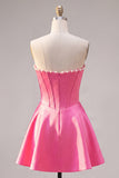 Sweetheart Fuchsia Pearls Corset A-Line Satin Short Ball Dress