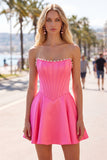 Sweetheart Fuchsia Pearls Corset A-Line Satin Short Ball Dress
