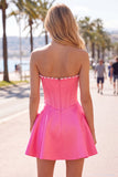 Sweetheart Fuchsia Pearls Corset A-Line Satin Short Ball Dress
