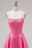 Sweetheart Fuchsia Pearls Corset A-Line Satin Short Ball Dress