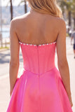 Sweetheart Fuchsia Pearls Corset A-Line Satin Short Ball Dress