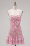 Pink Strapless Tight Ruffle Pearl Short Ball Dress with Bow