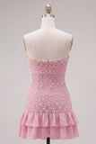 Pink Strapless Tight Ruffle Pearl Short Ball Dress with Bow