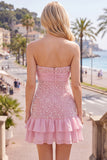 Pink Strapless Tight Ruffle Pearl Short Ball Dress with Bow
