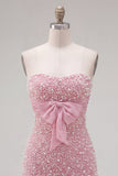 Pink Strapless Tight Ruffle Pearl Short Ball Dress with Bow
