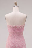 Pink Strapless Tight Ruffle Pearl Short Ball Dress with Bow