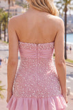 Pink Strapless Tight Ruffle Pearl Short Ball Dress with Bow