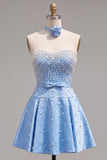 Blue Sweetheart Pearl Embellished Short Ball Dress with Choker and Bow