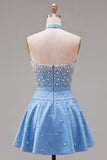 Blue Sweetheart Pearl Embellished Short Ball Dress with Choker and Bow