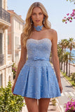 Blue Sweetheart Pearl Embellished Short Ball Dress with Choker and Bow