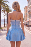 Blue Sweetheart Pearl Embellished Short Ball Dress with Choker and Bow