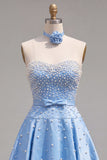 Blue Sweetheart Pearl Embellished Short Ball Dress with Choker and Bow