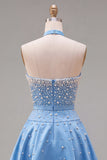 Blue Sweetheart Pearl Embellished Short Ball Dress with Choker and Bow
