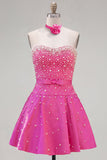 Blue Sweetheart Pearl Embellished Short Ball Dress with Choker and Bow