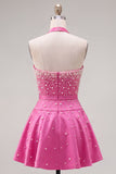 Blue Sweetheart Pearl Embellished Short Ball Dress with Choker and Bow