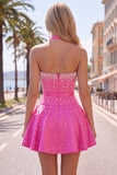 Blue Sweetheart Pearl Embellished Short Ball Dress with Choker and Bow