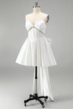 White Corset Satin Rhinestone A-Line Strapless Homecoming Dress with Back Giant Bow