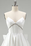 White Corset Satin Rhinestone A-Line Strapless Homecoming Dress with Back Giant Bow