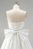 White Corset Satin Rhinestone A-Line Strapless Homecoming Dress with Back Giant Bow
