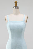 Light Blue Square Neck Bodycon Rhinestone Bows Beaded Short Homecoming Dress with Slit