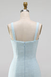 Light Blue Square Neck Bodycon Rhinestone Bows Beaded Short Homecoming Dress with Slit