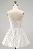 White Strapless A Line Beaded Mini Pearl Homecoming Dress with Ruffles