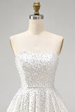 White Strapless A Line Beaded Mini Pearl Homecoming Dress with Ruffles