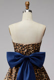 Brown Leopard Print A-Line Strapless Short Homecoming Dress with Oversized Back Bow