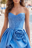 A-Line Dark Blue Strapless Beaded Corset Homecoming Dress with 3D Flower