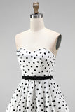 White Polka Dot A-Line Strapless Short Homecoming Dress with Bow Sash