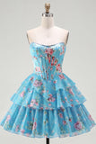 A-Line Yellow Strapless Corset Floral Tiered Homecoming Dress