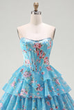 A-Line Yellow Strapless Corset Floral Tiered Homecoming Dress