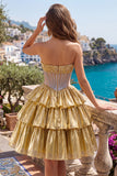 Golden A-Line Strapless Sheer Corset Tiered Homecoming Dress with Beading