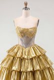 Golden A-Line Strapless Sheer Corset Tiered Homecoming Dress with Beading