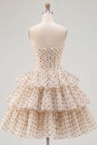 Apricot Black Dot A-Line Sweetheart Chiffon Tiered Homecoming Dress with Bow